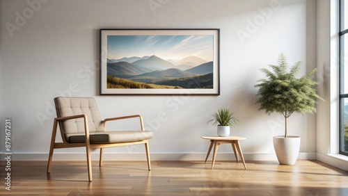 Simple, yet elegant, horizontal minimalist landscape poster hangs above a chic chair against a pristine white wall backdrop.