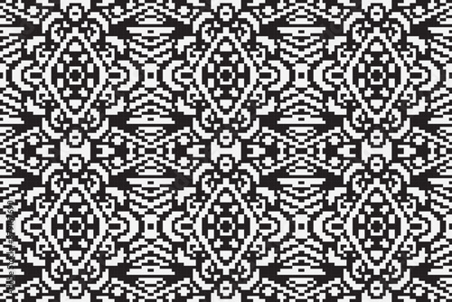 Ethnic seamless monochrome pattern vector image, Monochrome pixel background. Abstract seamless pattern with small random scattered squares, rectangles, tiny dots. Black and white minimal 