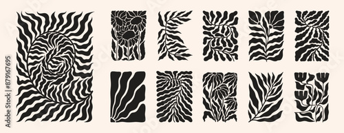 Retro-inspired 70s poster with a groovy pattern of floral and leaf shapes. Matisse-style doodles blend with modern and organic elements in this vibrant vector design.