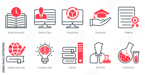 A set of 10 School and Education icons as study schedule, online class, simulation