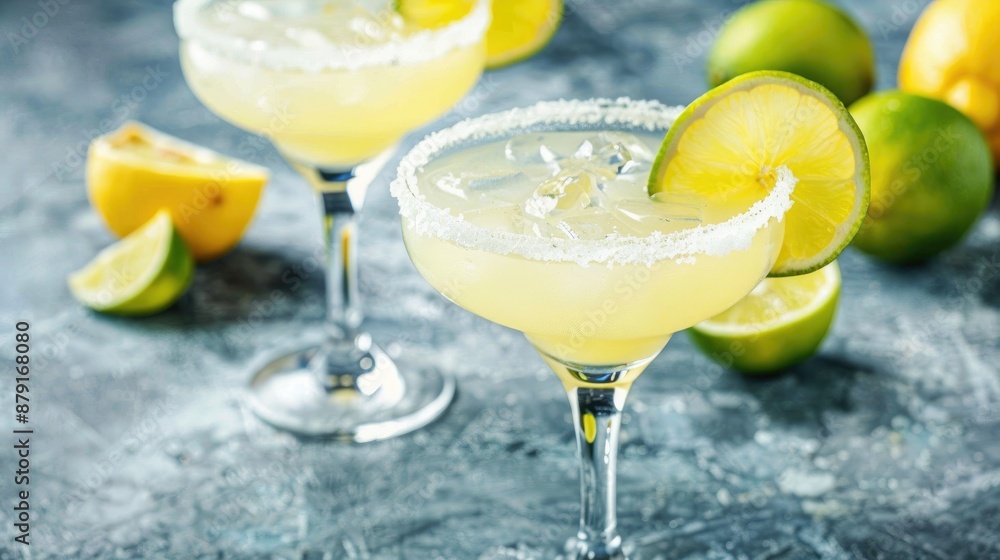 Selective focus on lemon Margarita cocktails with lime wedges for text placement Selective focus on lemon Margarita cocktails with lime wedges for text placement