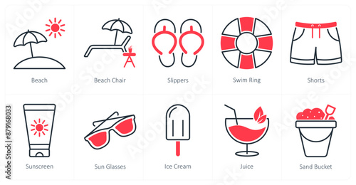 A set of 10 Summer and Vacation icons as beach, beach chair, slippers