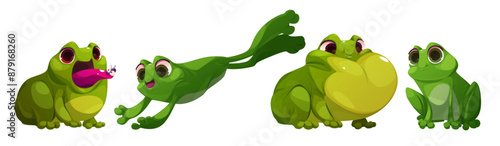 Cute green frog cartoon character in different poses. Vector illustration set of funny toad sit and croak, jump and eat by catching insect with tongue. Cheerful amphibian pond or swamp animal.