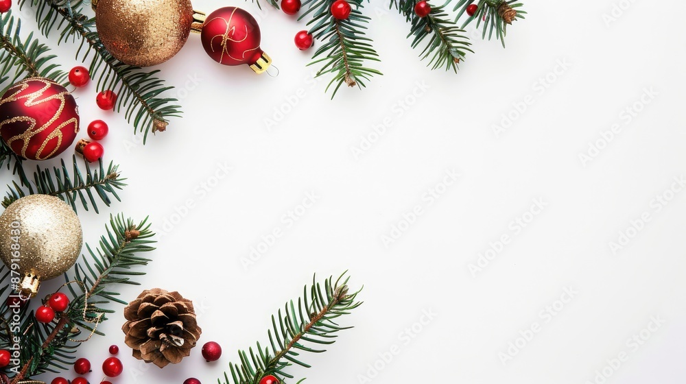 Decorated blank card with holiday ornaments on white background Copy space available Decorated blank card with holiday ornaments on white background Copy space available