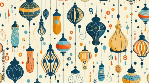 Hand drawn seamless pattern with hanging lamps and doodles