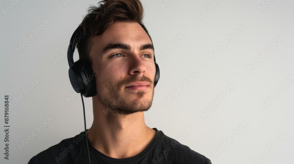 A man wearing headphones is looking at the camera A man wearing headphones is looking at the camera