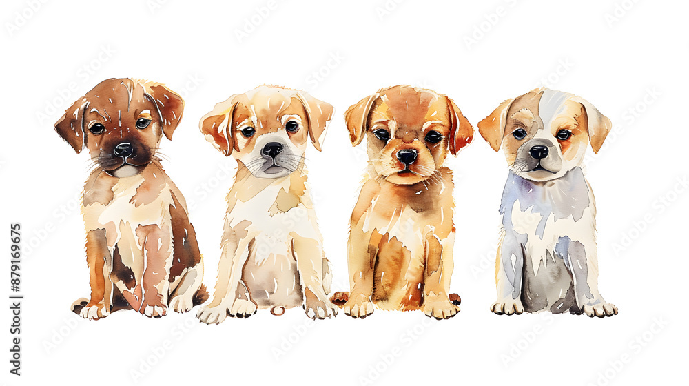 Group of cute puppies dogs sitting in a row watercolor illustration isolated on a white background Group of cute puppies dogs sitting in a row watercolor illustration isolated on a white background