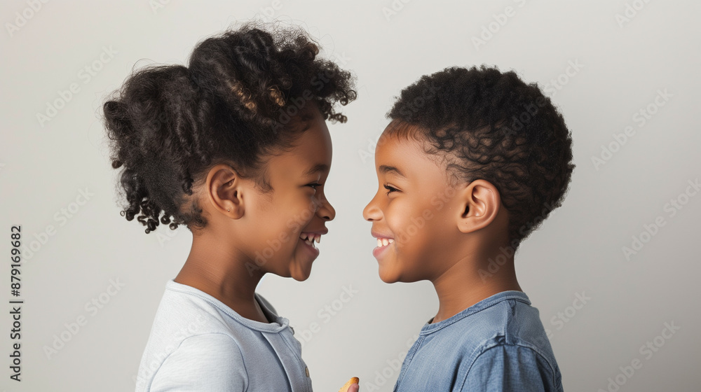 Smiling Siblings Sharing a Snack on a Plain Light Gray Background Smiling Siblings Sharing a Snack on a Plain Light Gray Background