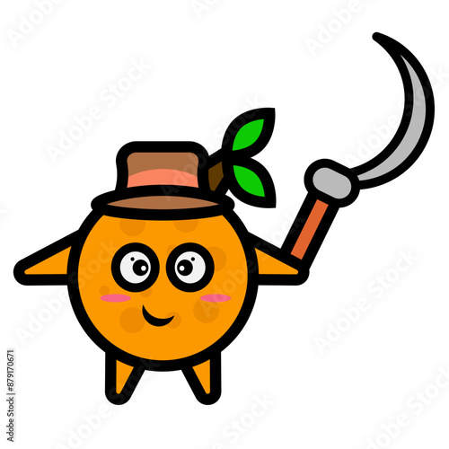 
the farmer's orange mascot carries a sickle