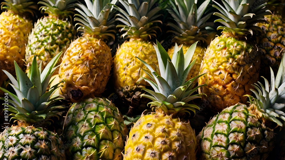 Fresh yellow tropical exotic fruit pineapples. Background pineapple hawaii. Pineapple sweet, sour and juicy. health care concept Fresh yellow tropical exotic fruit pineapples. Background pineapple hawaii. Pineapple sweet, sour and juicy. health care concept