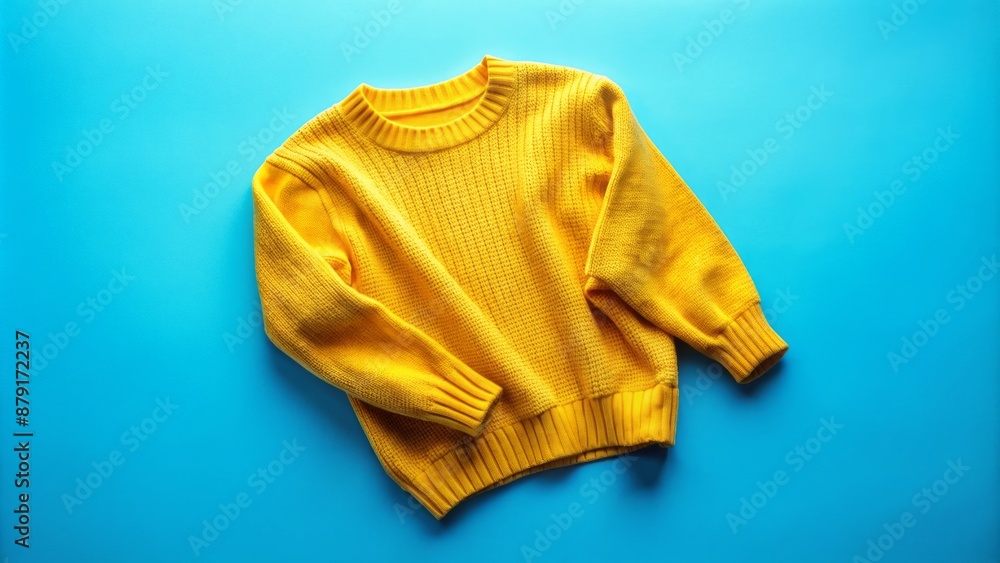 Vibrant yellow sweater lies abandoned on a bright blue background, emitting a sense of youthful energy and optimism. Vibrant yellow sweater lies abandoned on a bright blue background, emitting a sense of youthful energy and optimism.