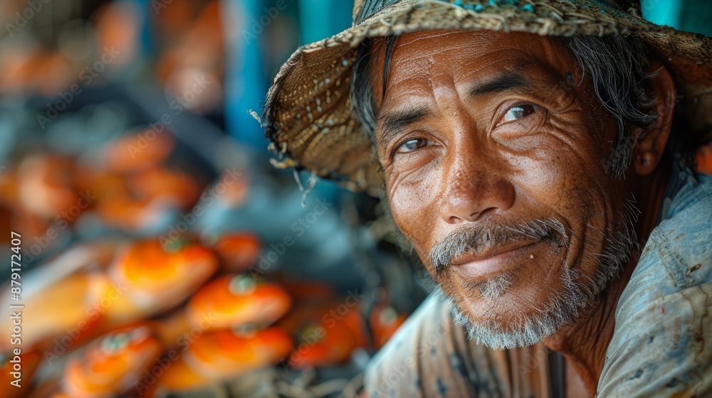 A man wearing a straw hat smiles while looking directly at the camera, with a pile of orange fish in the background. A man wearing a straw hat smiles while looking directly at the camera, with a pile of orange fish in the background.