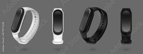 3D smart bands set isolated on transparent background. Vector realistic illustration of wrist smartwatch with black and white bracelet, blank black display mockup, electronic gadget, fitness tracker