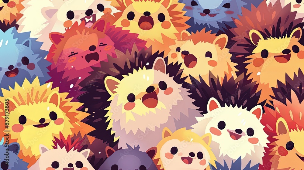 A background image in anime style, featuring hedgehogs in various happy emotions.with each hedgehog depicted in a different color. A background image in anime style, featuring hedgehogs in various happy emotions.with each hedgehog depicted in a different color.
