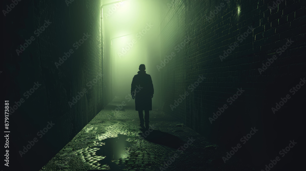 A lone figure walks down a shadowy alleyway, illuminated by a streetlight casting a green glow A lone figure walks down a shadowy alleyway, illuminated by a streetlight casting a green glow