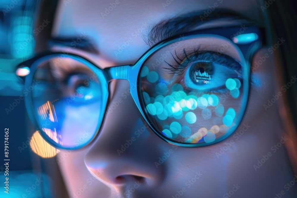 Cybersecurity illustrated, Close-up of Eyes and Glasses with Computer Monitor Reflection Cybersecurity illustrated, Close-up of Eyes and Glasses with Computer Monitor Reflection