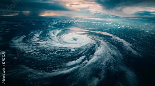 aerial view of the earths oceans during a huge storm. A large typhoon or a hurricane of the highest rank with clear eyes.