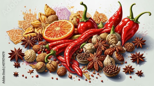 Detailed drawing, watercolor, a variety of spices, dried hot pepper, anise stars, a variety of nuts, oriental color, ornaments, beautiful epic art, glare, bright