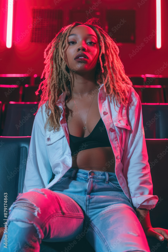 Naklejka premium A woman with dreadlocks poses in a theatre seat under pink neon lights