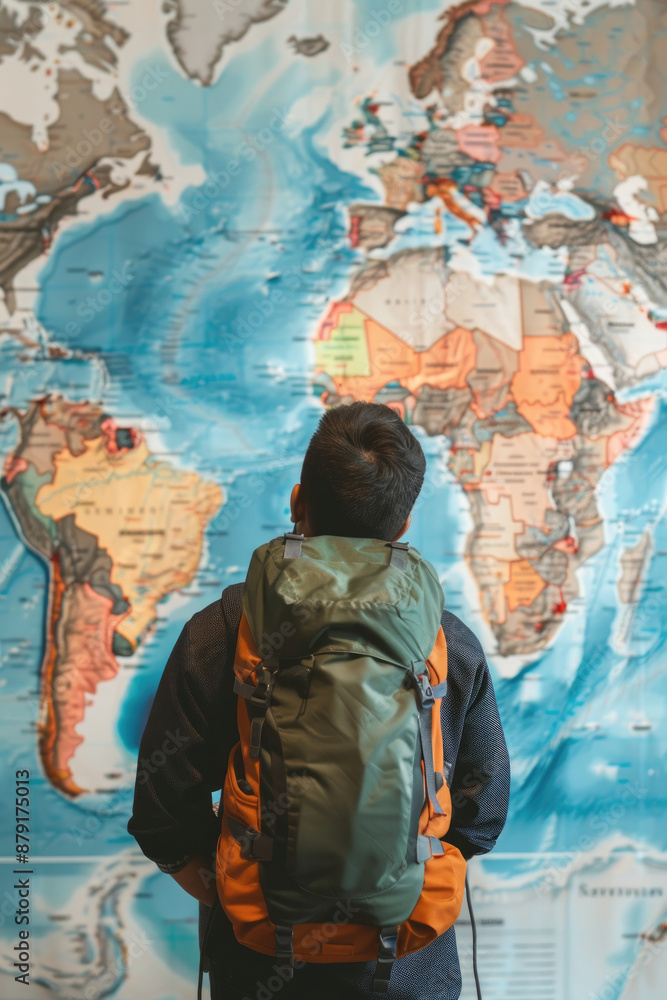 Fototapeta premium A man with a backpack stands in front of a world map, seemingly planning his next adventure