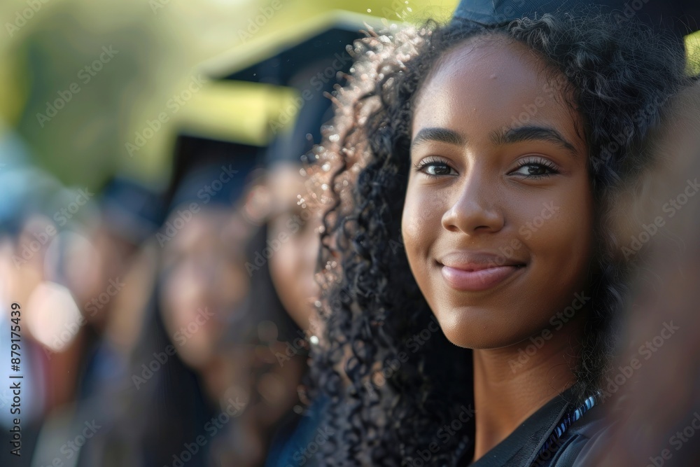 Female college student standing among her peers at graduation Female college student standing among her peers at graduation