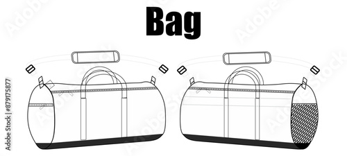 Set of Duffel bag flat sketch fashion illustration drawing template mock up, Sport duffle bag cad drawing. barrel bag flat sketch vector 01