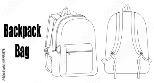 Set of Backpack bag flat sketch fashion illustration drawing template mock up, Backpack cad drawing.