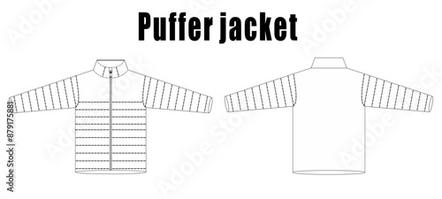 Puffer jacket design flat sketch Illustration front and back view vector template, Quilted Puffa winter Jacket for men and women