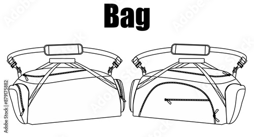Set of Duffel bag flat sketch fashion illustration drawing template mock up, Sport duffle bag cad drawing. barrel bag flat sketch vector