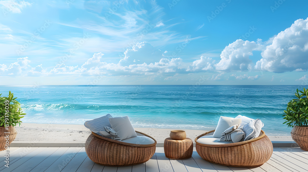 Obraz premium Beach lounge with sundeck on Sea view for vacation summer and blue sky background-3d rendering