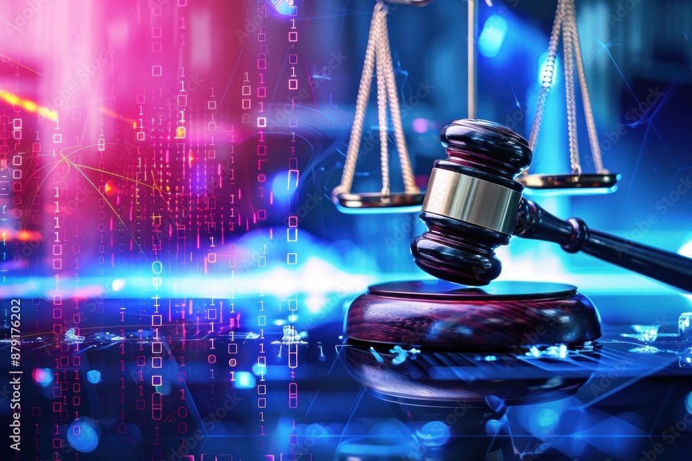 gavel and justice scale with a digital, high-tech background, symbolizing modern legal services gavel and justice scale with a digital, high-tech background, symbolizing modern legal services