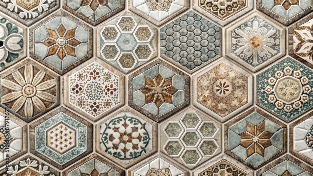Beautifully crafted hexagonal ceramic tiles featuring intricate cement pattern texture for stunning interior and exterior floor and wall designs. Beautifully crafted hexagonal ceramic tiles featuring intricate cement pattern texture for stunning interior and exterior floor and wall designs.