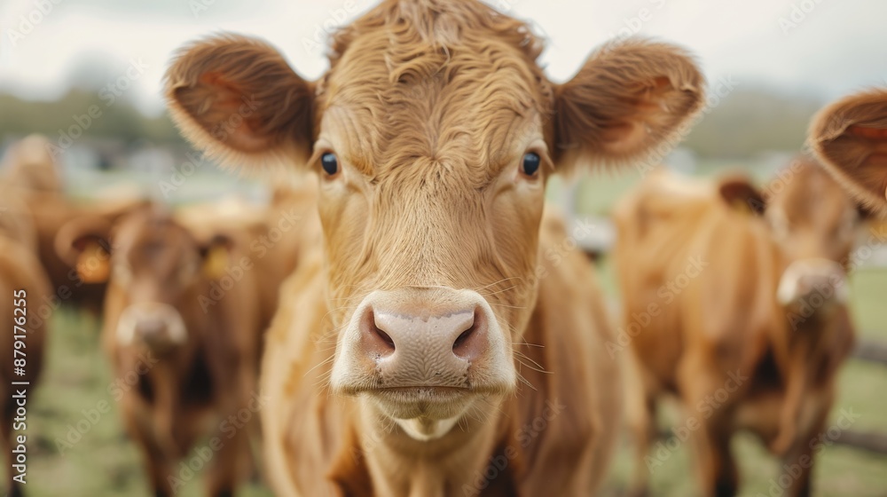 Close-up of a curious brown cow in a green pasture with other cows in the background on a cloudy day in the countryside. Close-up of a curious brown cow in a green pasture with other cows in the background on a cloudy day in the countryside.