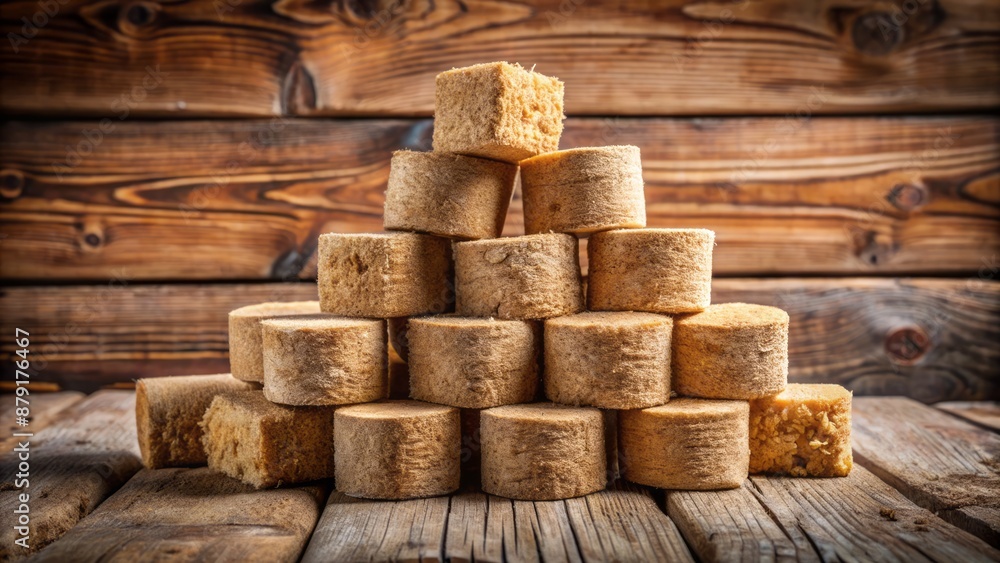 Neatly stacked wood sawdust briquettes, a sustainable alternative fuel source, arranged in a uniform row on a rustic wooden background. Neatly stacked wood sawdust briquettes, a sustainable alternative fuel source, arranged in a uniform row on a rustic wooden background.