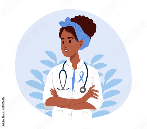 World Lung Cancer Day. A doctor in a white uniform with an awareness ribbon.