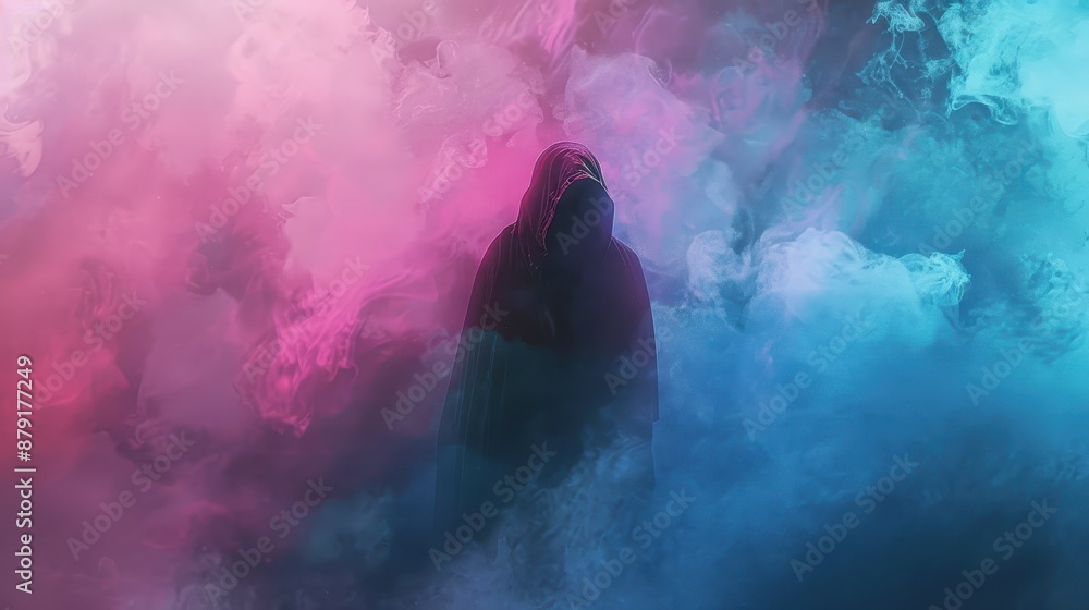 A person is standing in front of a blue and purple background with a hoodie on. The background is hazy and blurry, giving the impression of smoke A person is standing in front of a blue and purple background with a hoodie on. The background is hazy and blurry, giving the impression of smoke