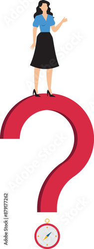 Open ended question, asking questions to encourage new idea, guidance for solution or solving problem, decision to reply or answer concept, businesswoman with question mark compass guidance for answer