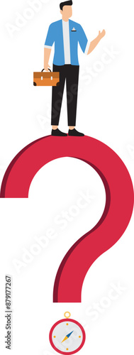 Open ended question, asking questions to encourage new idea, guidance for solution or solving problem, decision to reply or answer concept, businessman with question mark compass guidance for answer