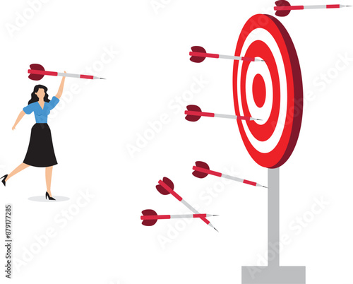 Practice develop success, effort to improve and achieve target, mistake, failure and discipline to keep practice and reach goal concept, businesswoman practicing archery with mistakes until success
