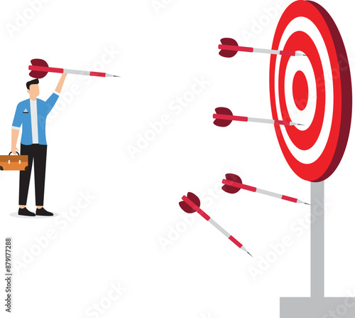 Practice develop success, effort to improve and achieve target, mistake, failure and discipline to keep practice and reach goal concept, businessman practicing archery with mistakes until success