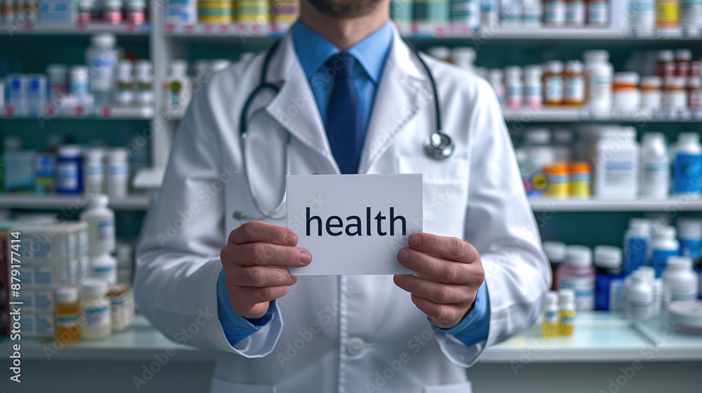 Close up of doctor holding a white card with the word Close up of doctor holding a white card with the word