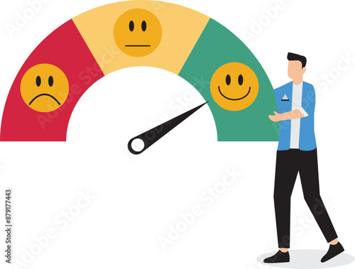 Performance evaluation, employee rating assessment, appraisal review or high potential employee, staff achievement, excellent job candidate concept, happy businessman on high performance gauge