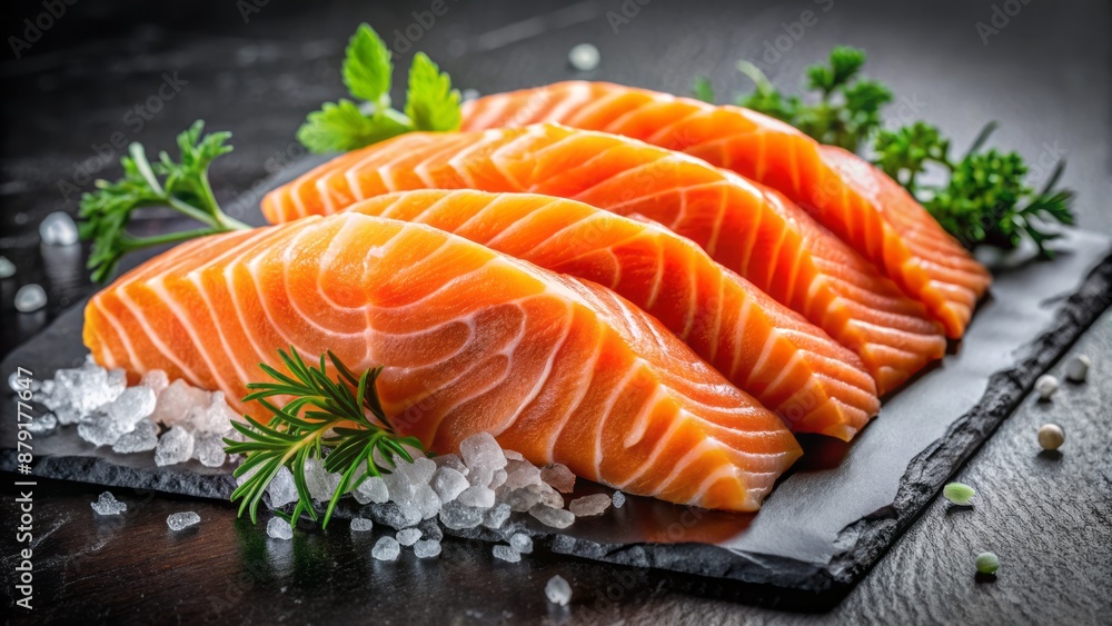 Freshly sliced salmon sashimi arranged artfully on a sleek black background, showcasing vibrant orange hues and delicate raw texture. Freshly sliced salmon sashimi arranged artfully on a sleek black background, showcasing vibrant orange hues and delicate raw texture.