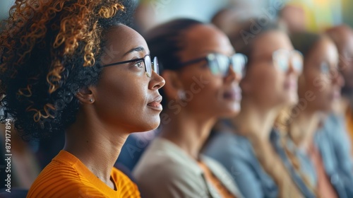Close-up of a focused woman listening attentively at a conference, surrounded by fellow attendees, highlighting engagement and learning.
