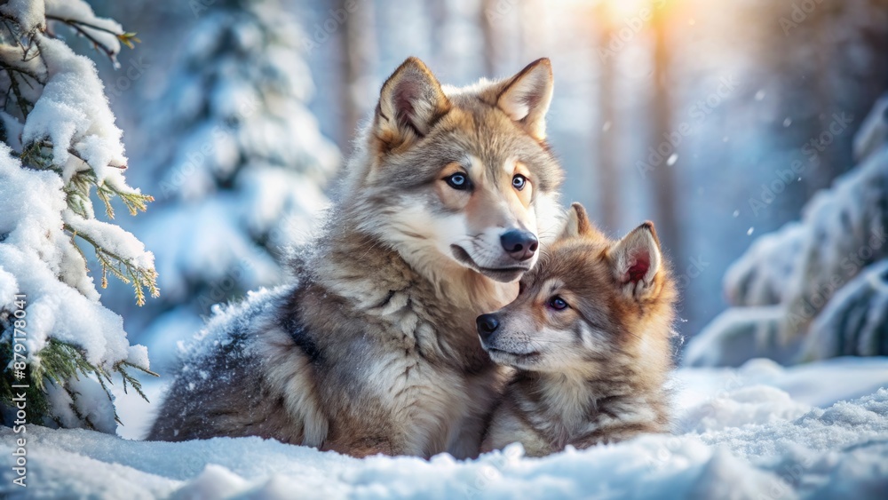 Adorable grey wolf puppy receives warm hug from hesitant, mitten-clad hand amidst serene, snow-covered winter wonderland backdrop. Adorable grey wolf puppy receives warm hug from hesitant, mitten-clad hand amidst serene, snow-covered winter wonderland backdrop.