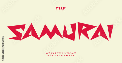 Samurai alphabet asian calligraphic letters, red bold geometric jagged font for manga and anime headlines, Japanese food restaurant logo, oriental style typography. Vector typeset.