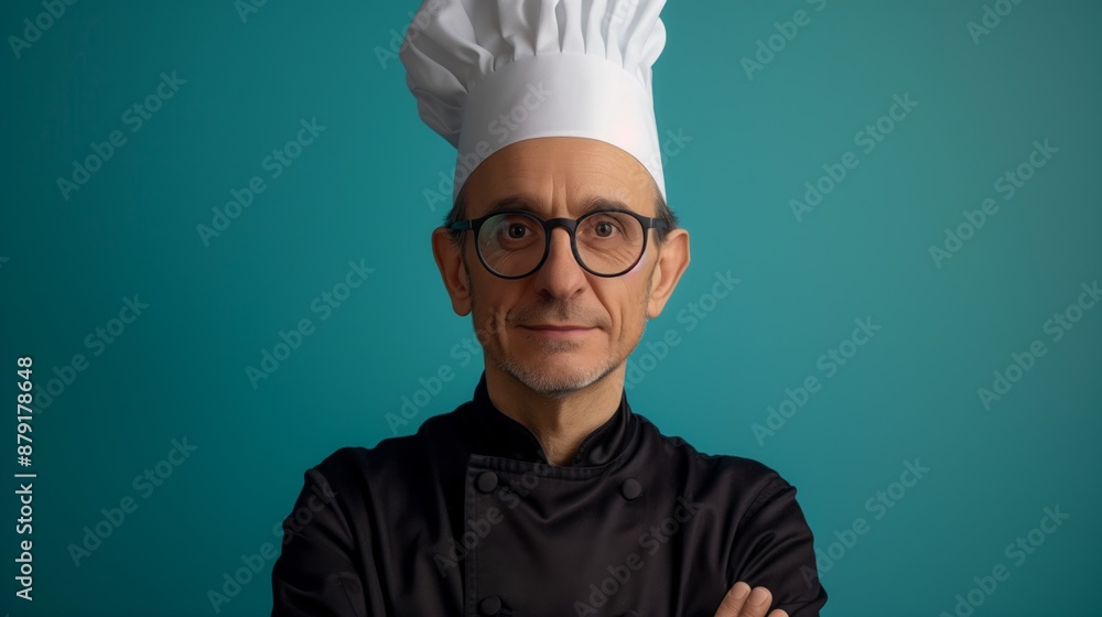 A man in a chef's suit and hat stands in front of a teal background A man in a chef's suit and hat stands in front of a teal background