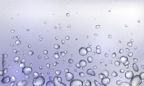 Underwater fizzy bubbles background. Vector realistic illustration of air fizz effect in transparent clear water, sparkling soda drink, effervescent liquid splash, deep aqua droplets pattern design