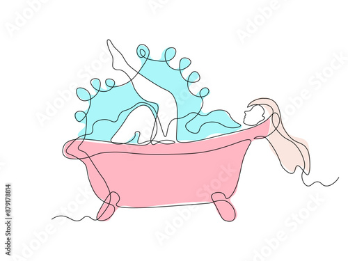 Abstract girl, woman taking a bath, continuous single line art hand drawing sketch