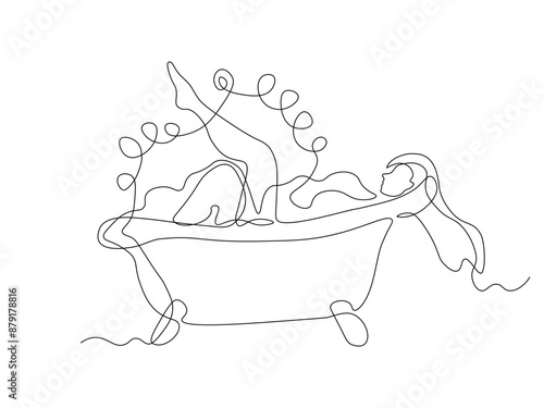 Abstract girl, woman taking a bath, continuous single line art hand drawing sketch